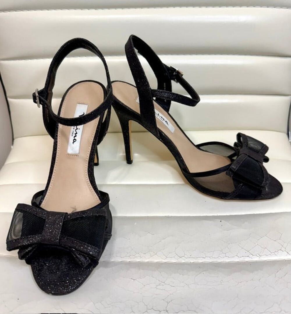 Nina Black Mesh Glitter Bow Heeled Sandals Sz7